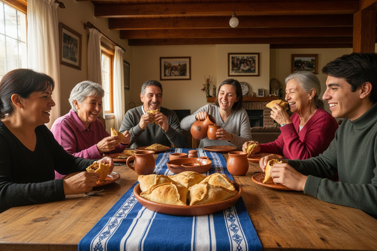 Empanadas de pino en escena familiar tradicional chilena - tamaño proporcional
