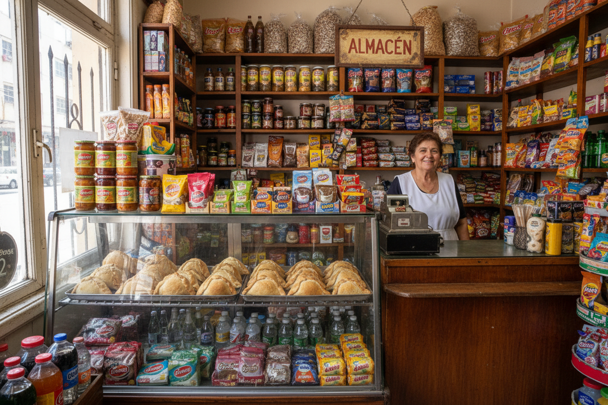 Empanadas de pino en vitrina de almacén tradicional chileno - empanadas pequeñas