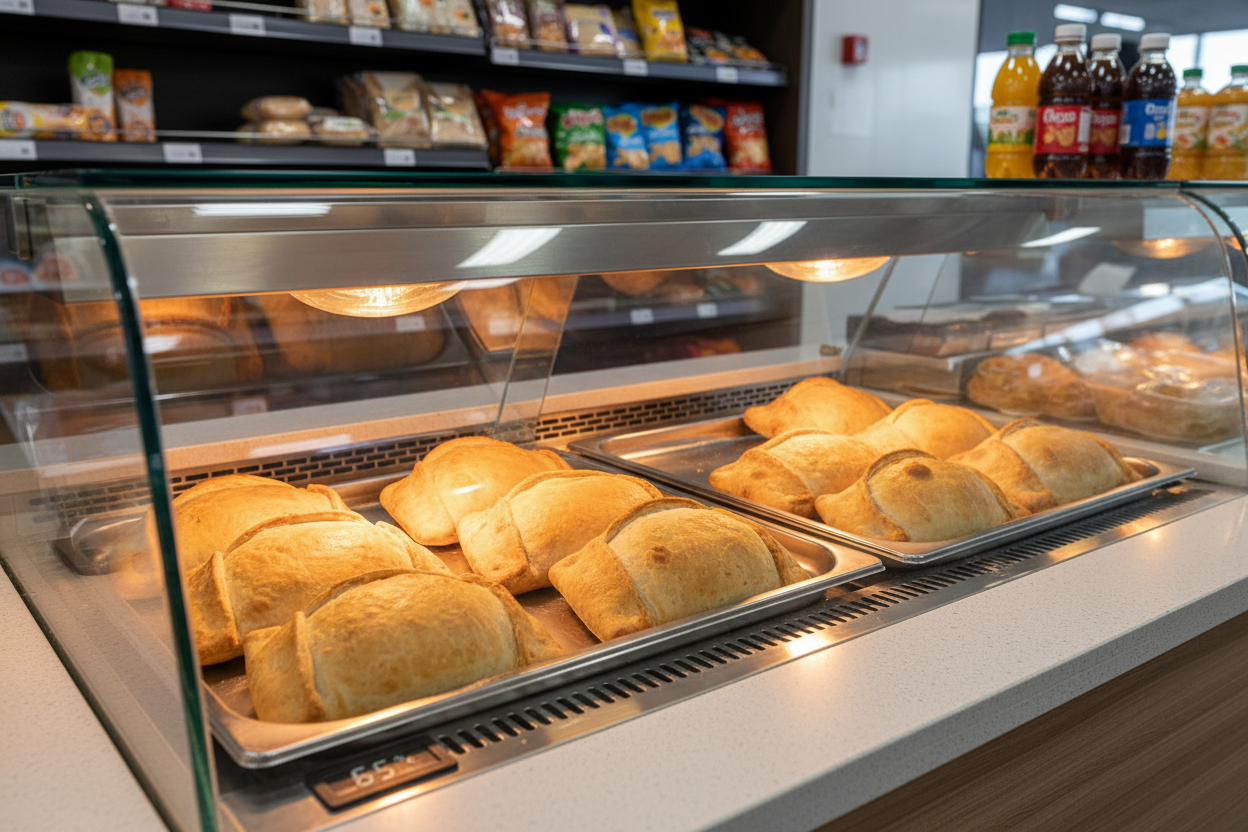 Empanadas de pino en vitrina de minimarket - listas para servir