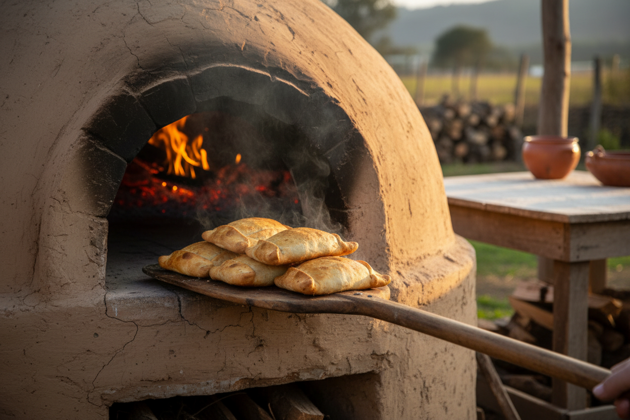 Empanadas saliendo de horno tradicional de barro chileno