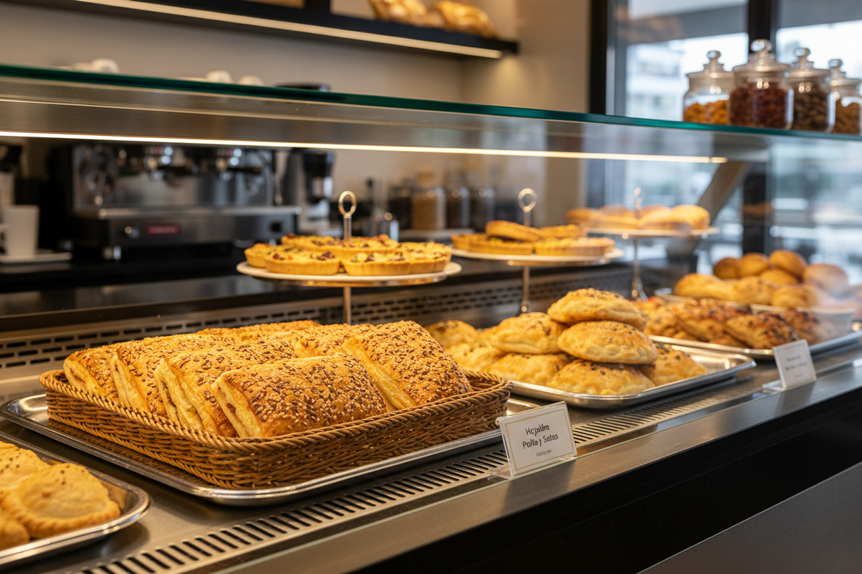 Hojaldre Pollo y Setas en vitrina de cafetería moderna