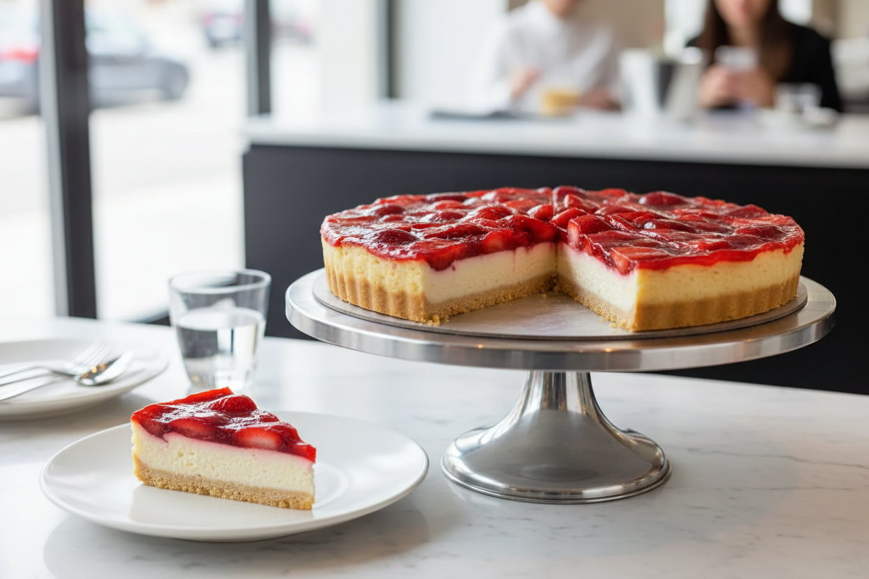 Tarta de queso con fresas en cafetería premium - presentación elegante
