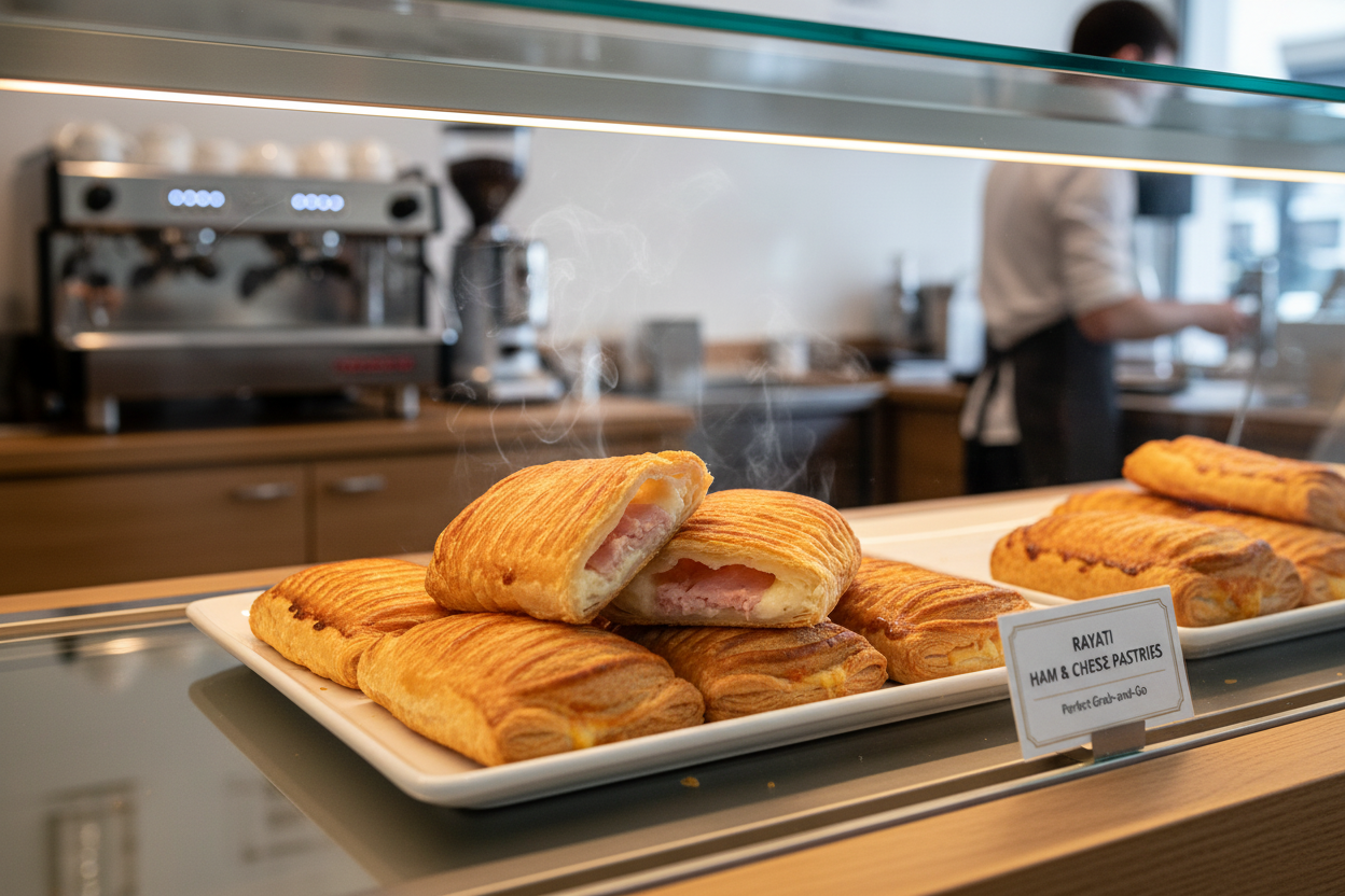 Rayati jamón y queso en vitrina de cafetería - display profesional