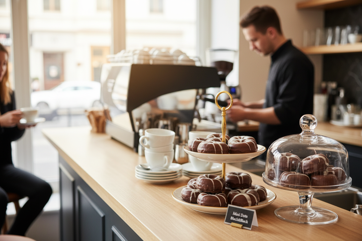Mini Dots Black&Black en vitrina de cafetería premium