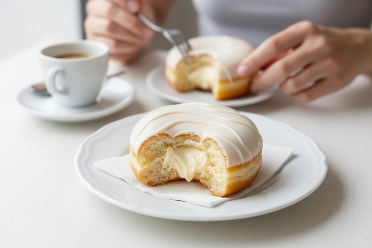 Berlina Snow con mordida mostrando relleno cremoso