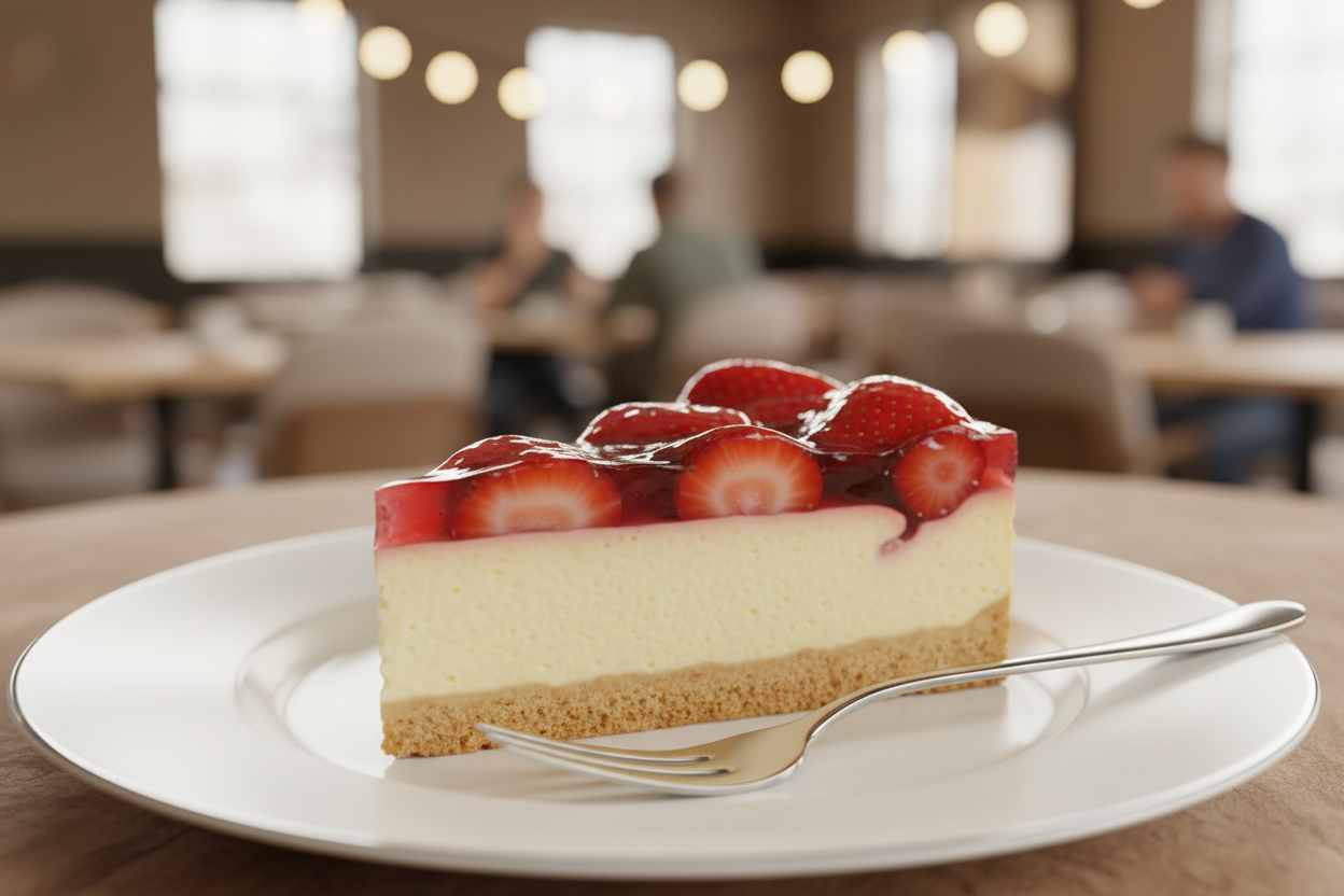 Porción de tarta de queso con fresas - capas perfectas