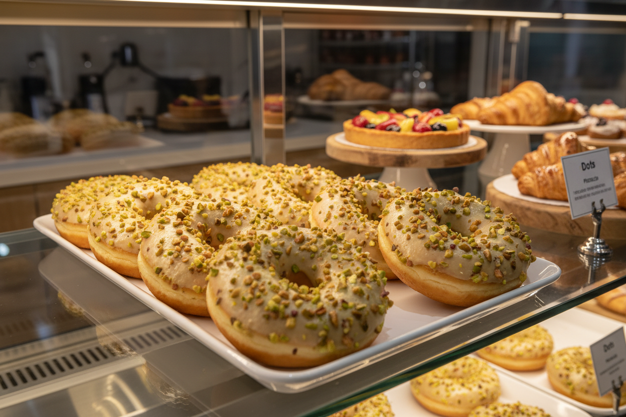 Dots Pistacho en vitrina de cafetería - tendencia gourmet Chile