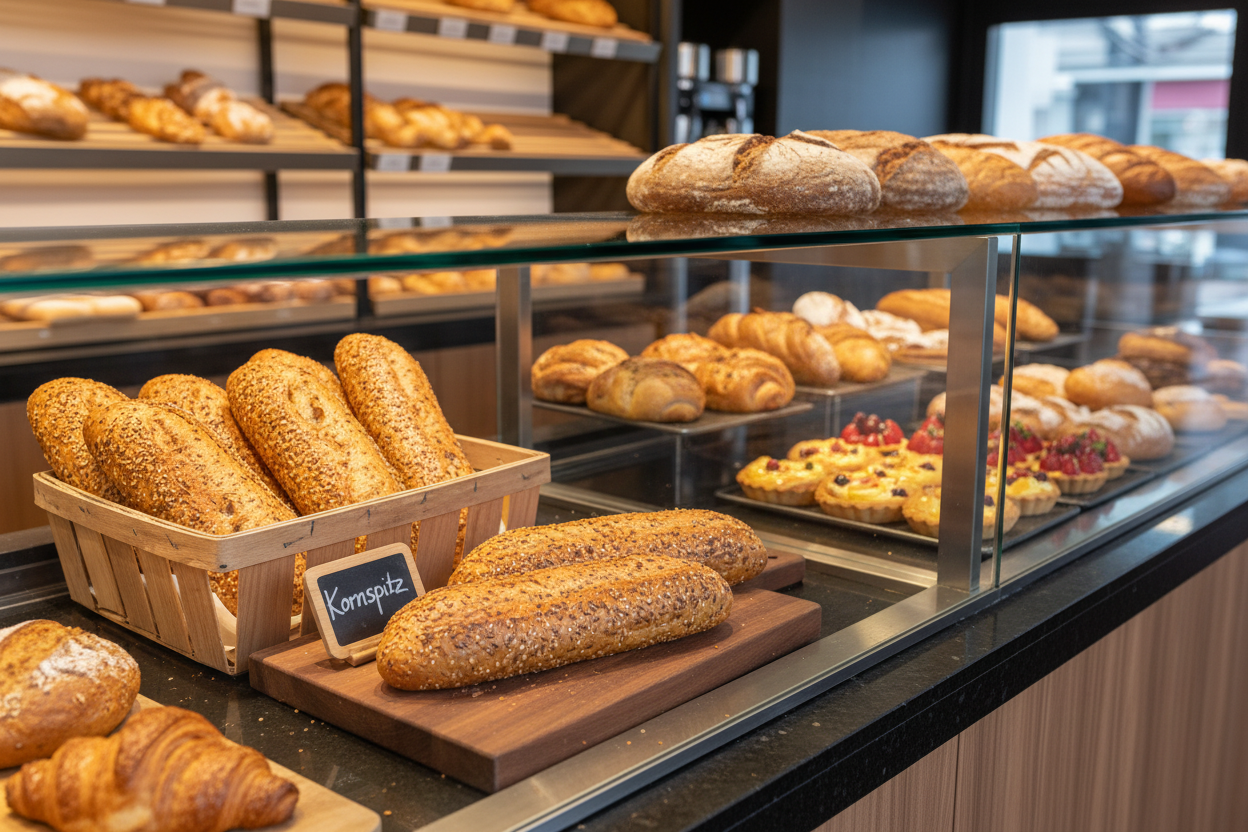 Kornspitz en vitrina de cafetería moderna