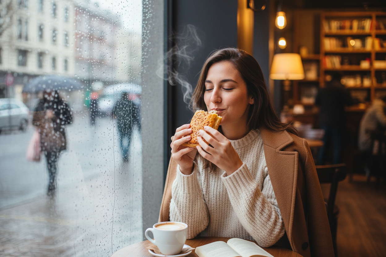 Mujer disfrutando Hojaldre Pollo y Setas en día lluvioso de invierno