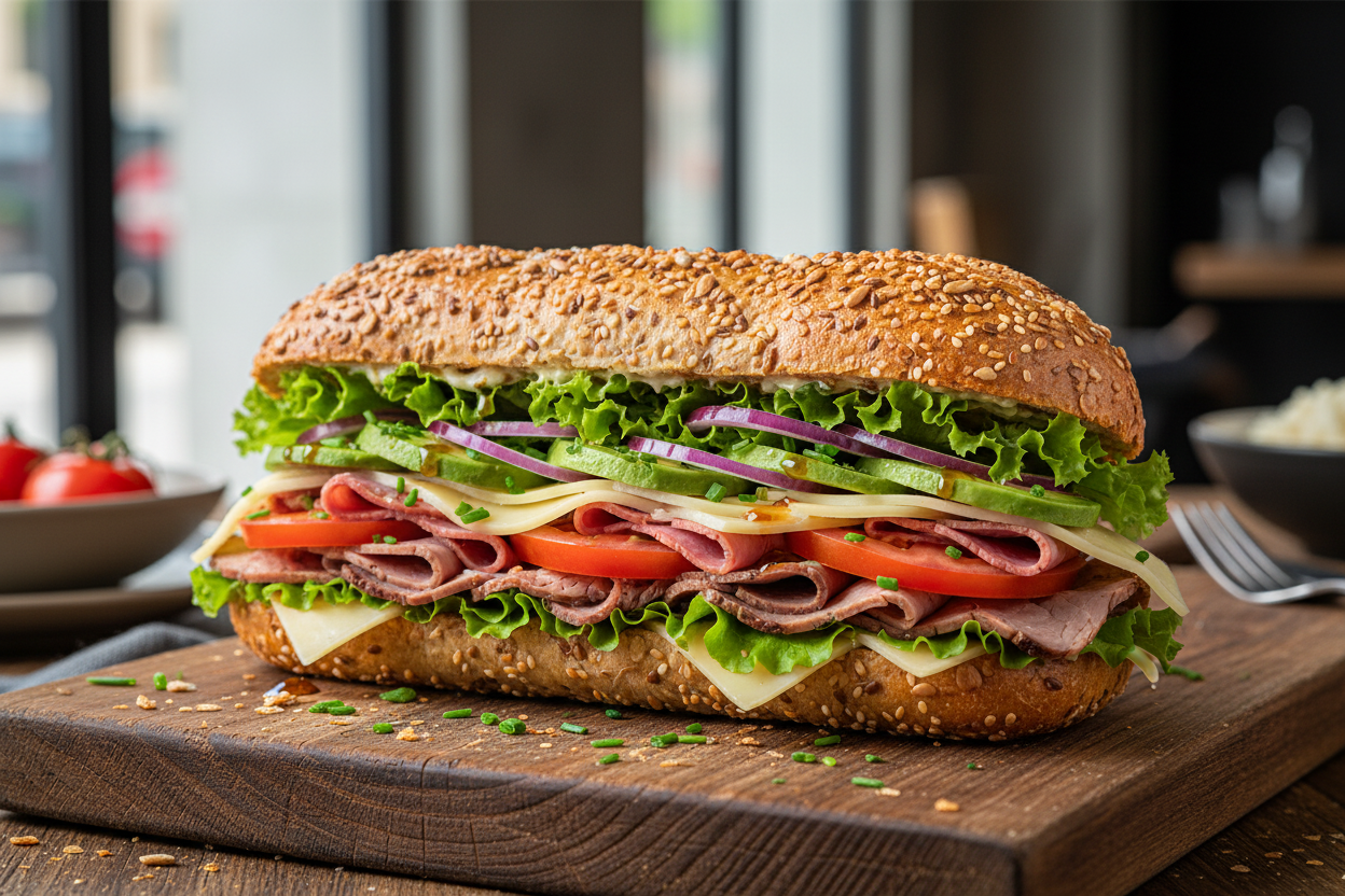 Sándwich gourmet con pan Kornspitz y relleno abundante
